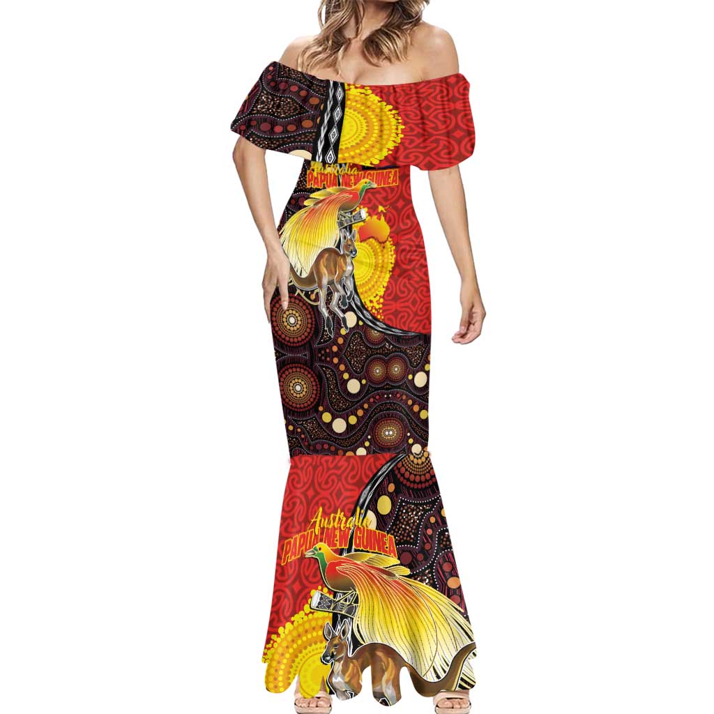Australia and Papua New Guinea Together Mermaid Dress Bird-of-paradise and Kangaroo with Oro Tapa and Aboriginal Art Motifs - Polynesian Pride