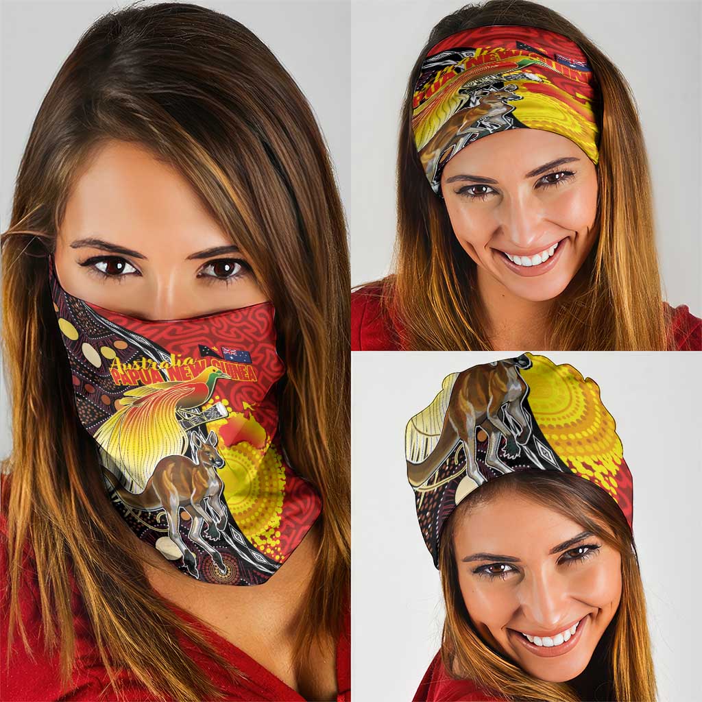 Australia and Papua New Guinea Together Neck Gaiter Bird-of-paradise and Kangaroo with Oro Tapa and Aboriginal Art Motifs - Polynesian Pride