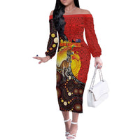 Australia and Papua New Guinea Together Off The Shoulder Long Sleeve Dress Bird-of-paradise and Kangaroo with Oro Tapa and Aboriginal Art Motifs - Polynesian Pride