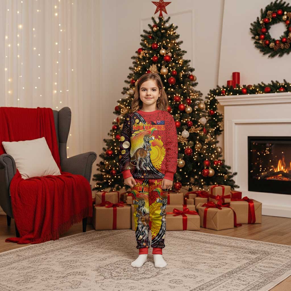 Australia and Papua New Guinea Together Christmas Pajama Set Bird-of-paradise and Kangaroo with Oro Tapa and Aboriginal Art Motifs LT03 Kid Black - Polynesian Pride
