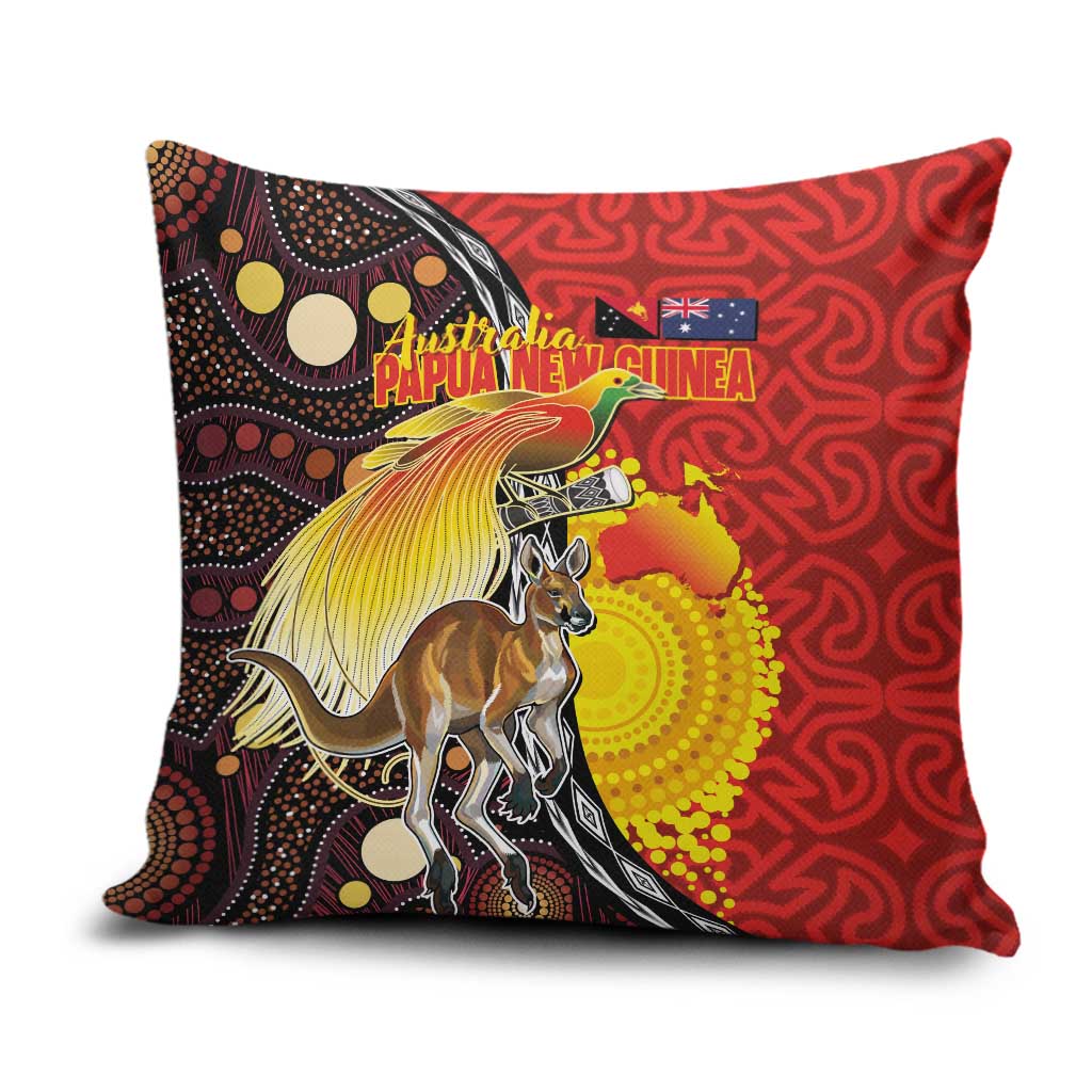 Australia and Papua New Guinea Together Pillow Cover Bird-of-paradise and Kangaroo with Oro Tapa and Aboriginal Art Motifs - Polynesian Pride