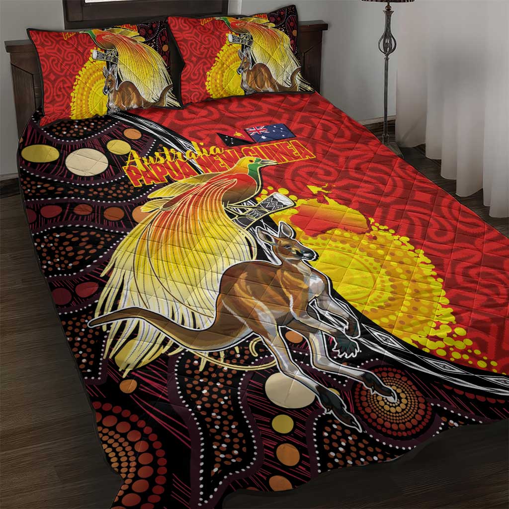 Australia and Papua New Guinea Together Quilt Bed Set Bird-of-paradise and Kangaroo with Oro Tapa and Aboriginal Art Motifs - Polynesian Pride