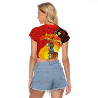 Australia and Papua New Guinea Together Raglan Cropped T Shirt Bird-of-paradise and Kangaroo with Oro Tapa and Aboriginal Art Motifs - Polynesian Pride