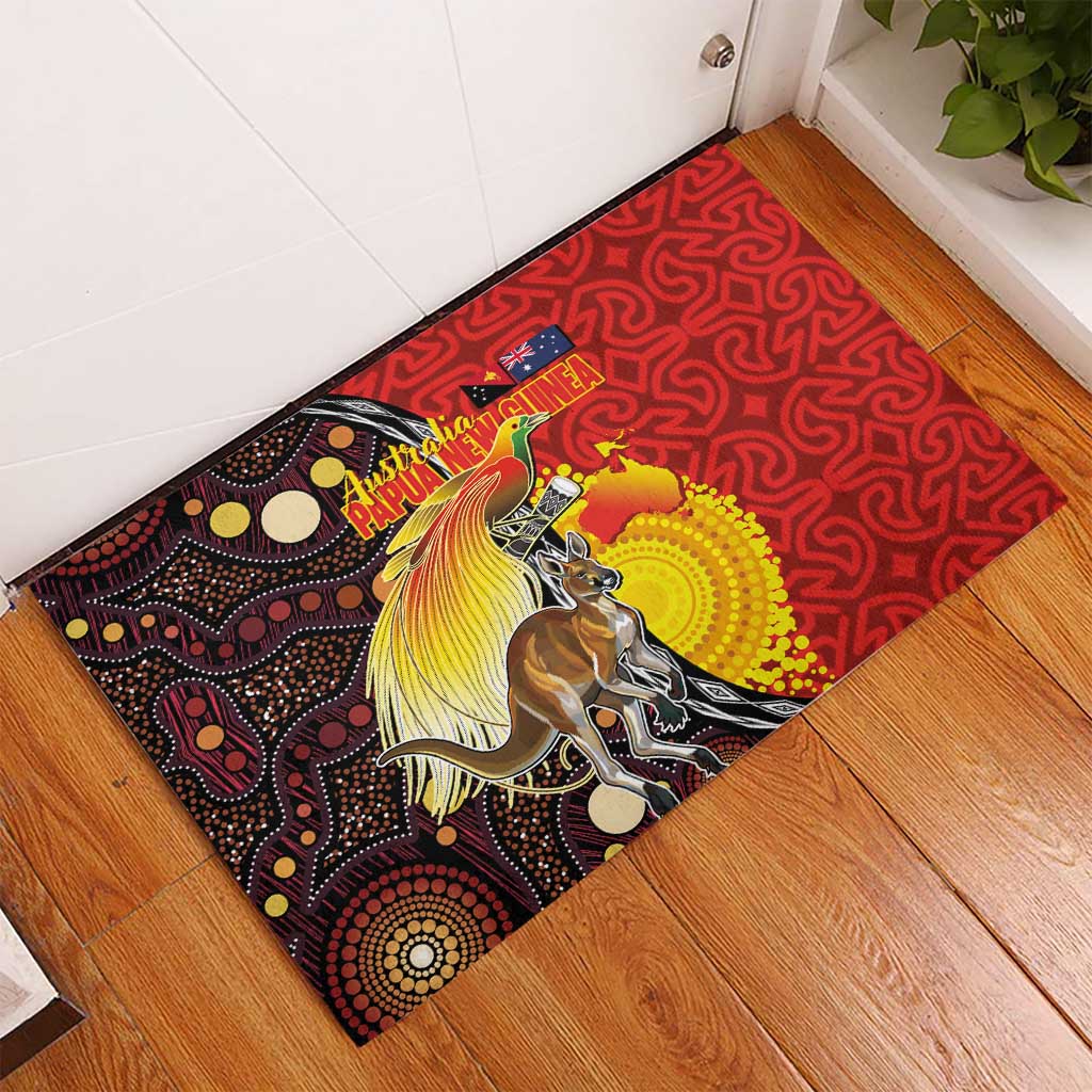 Australia and Papua New Guinea Together Rubber Doormat Bird-of-paradise and Kangaroo with Oro Tapa and Aboriginal Art Motifs - Polynesian Pride