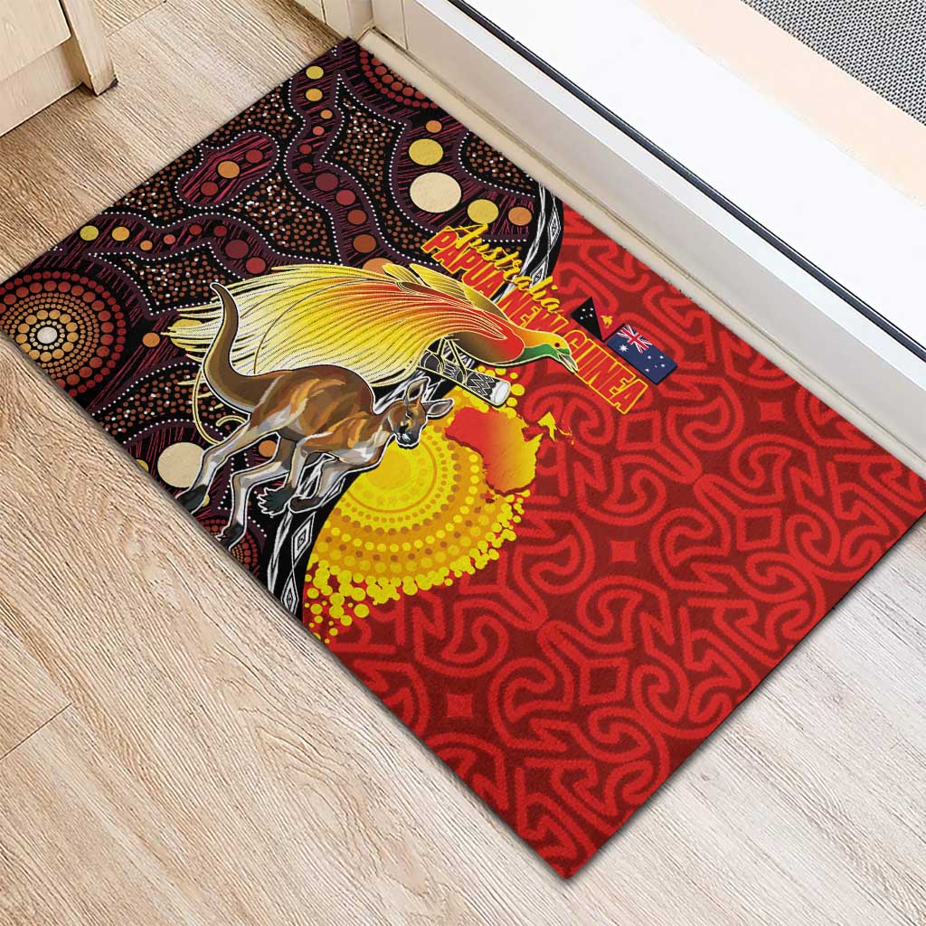 Australia and Papua New Guinea Together Rubber Doormat Bird-of-paradise and Kangaroo with Oro Tapa and Aboriginal Art Motifs - Polynesian Pride