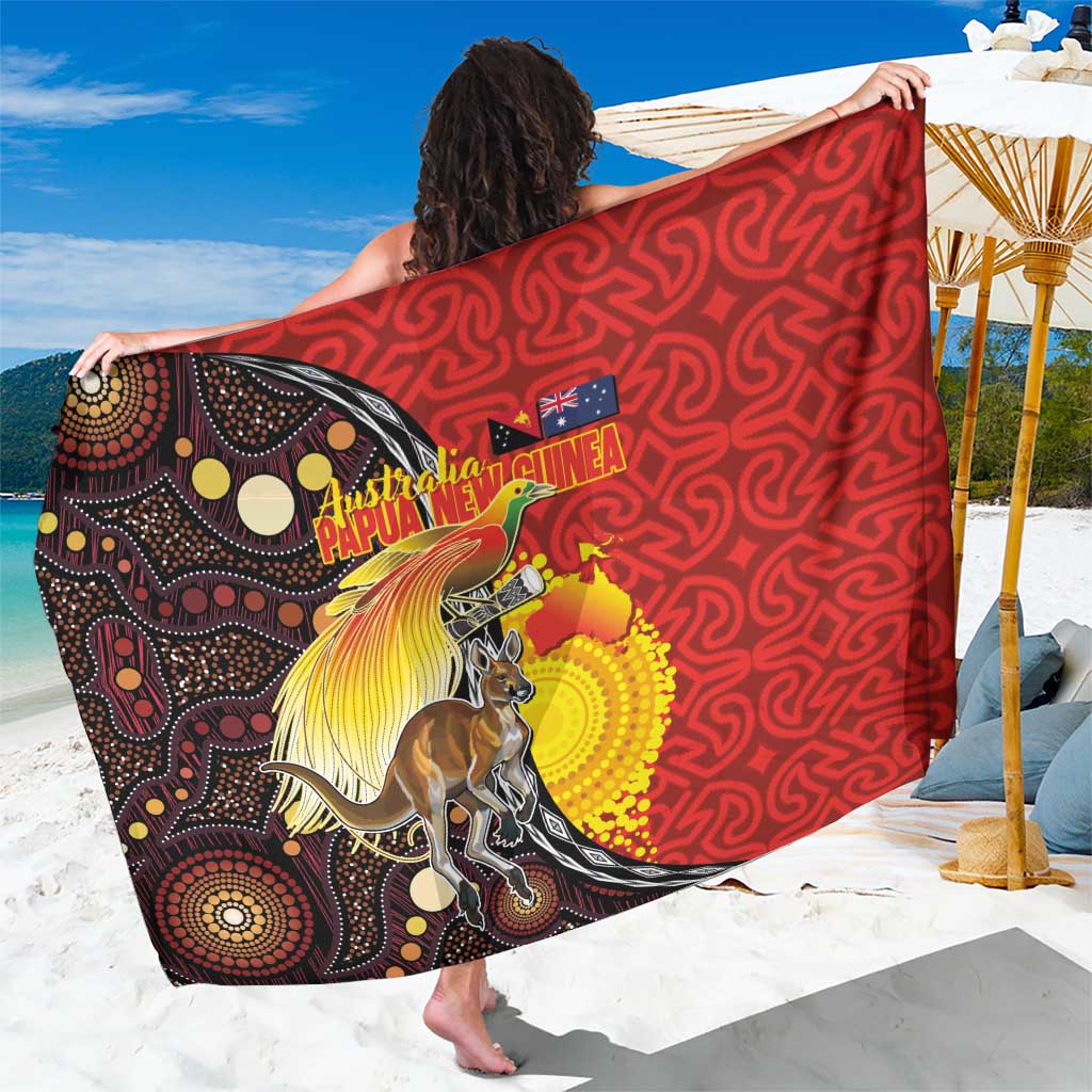 Australia and Papua New Guinea Together Sarong Bird-of-paradise and Kangaroo with Oro Tapa and Aboriginal Art Motifs - Polynesian Pride