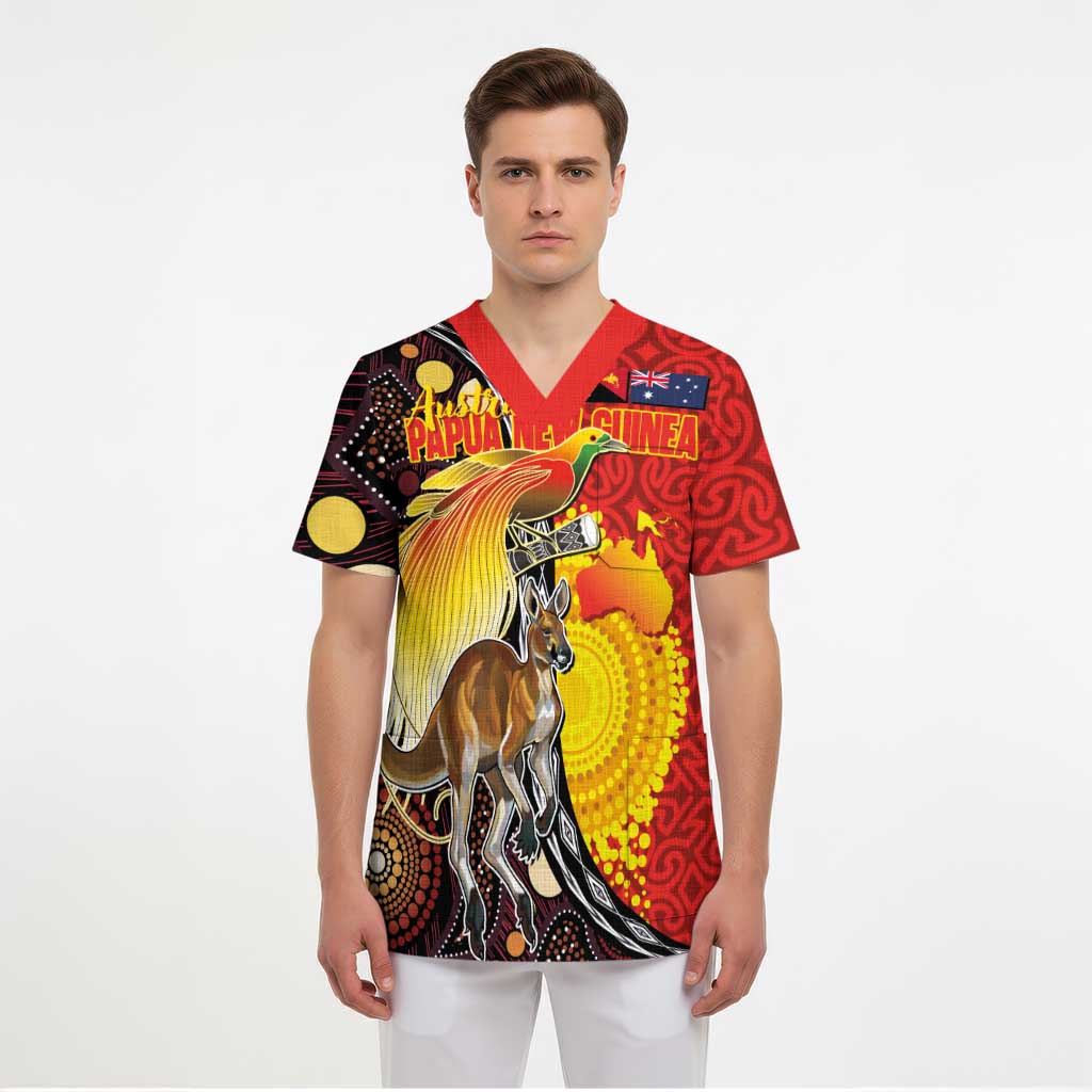 Australia and Papua New Guinea Together Scrub Top Bird-of-paradise and Kangaroo with Oro Tapa and Aboriginal Art Motifs - Polynesian Pride
