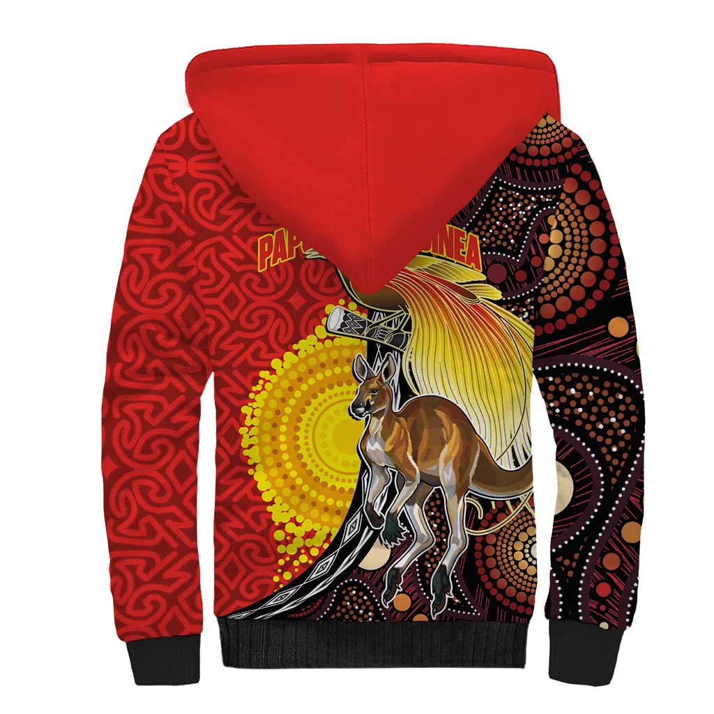 Australia and Papua New Guinea Together Sherpa Hoodie Bird-of-paradise and Kangaroo with Oro Tapa and Aboriginal Art Motifs - Polynesian Pride