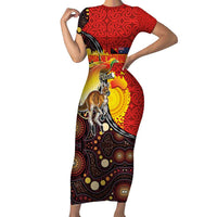 Australia and Papua New Guinea Together Short Sleeve Bodycon Dress Bird-of-paradise and Kangaroo with Oro Tapa and Aboriginal Art Motifs - Polynesian Pride