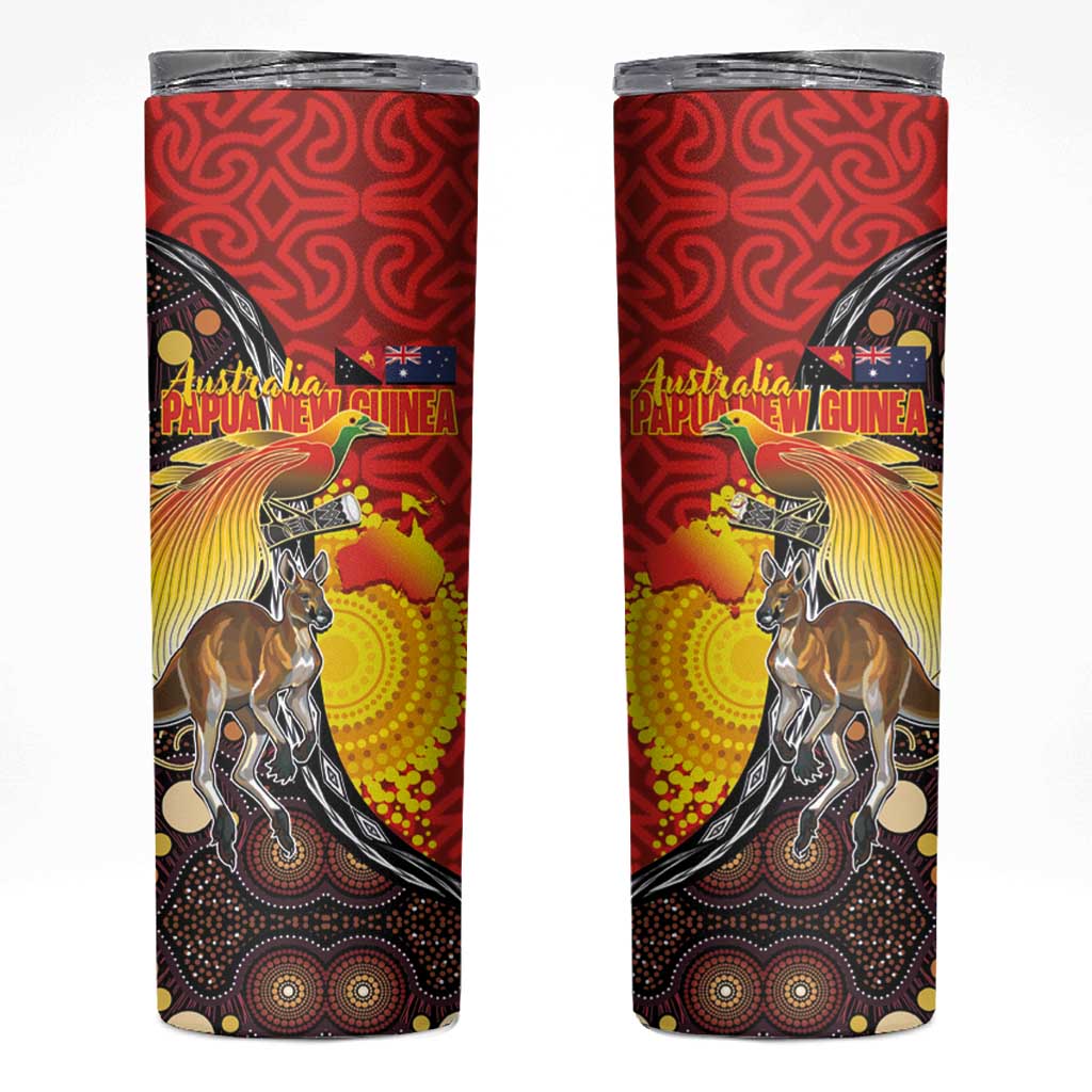 Australia and Papua New Guinea Together Skinny Tumbler Bird-of-paradise and Kangaroo with Oro Tapa and Aboriginal Art Motifs - Polynesian Pride