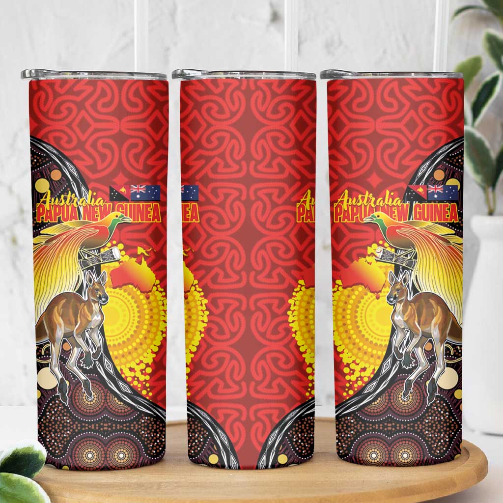 Australia and Papua New Guinea Together Skinny Tumbler Bird-of-paradise and Kangaroo with Oro Tapa and Aboriginal Art Motifs - Polynesian Pride