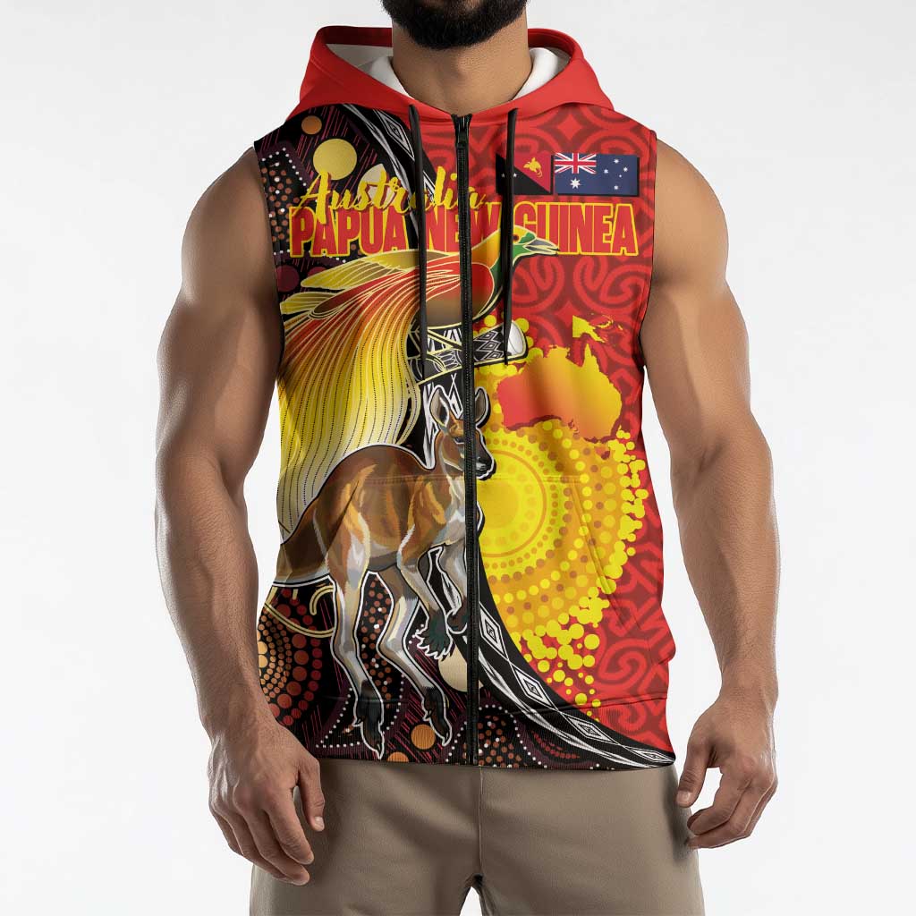 Australia and Papua New Guinea Together Sleeveless Zip Hoodie Bird-of-paradise and Kangaroo with Oro Tapa and Aboriginal Art Motifs LT03 - Polynesian Pride