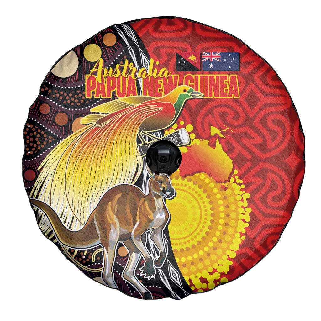 Australia and Papua New Guinea Together Spare Tire Cover Bird-of-paradise and Kangaroo with Oro Tapa and Aboriginal Art Motifs - Polynesian Pride