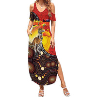 Australia and Papua New Guinea Together Summer Maxi Dress Bird-of-paradise and Kangaroo with Oro Tapa and Aboriginal Art Motifs - Polynesian Pride