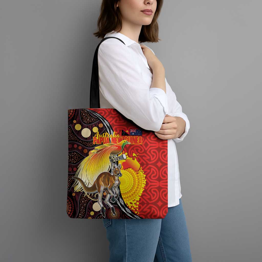 Australia and Papua New Guinea Together Tote Bag Bird-of-paradise and Kangaroo with Oro Tapa and Aboriginal Art Motifs - Polynesian Pride