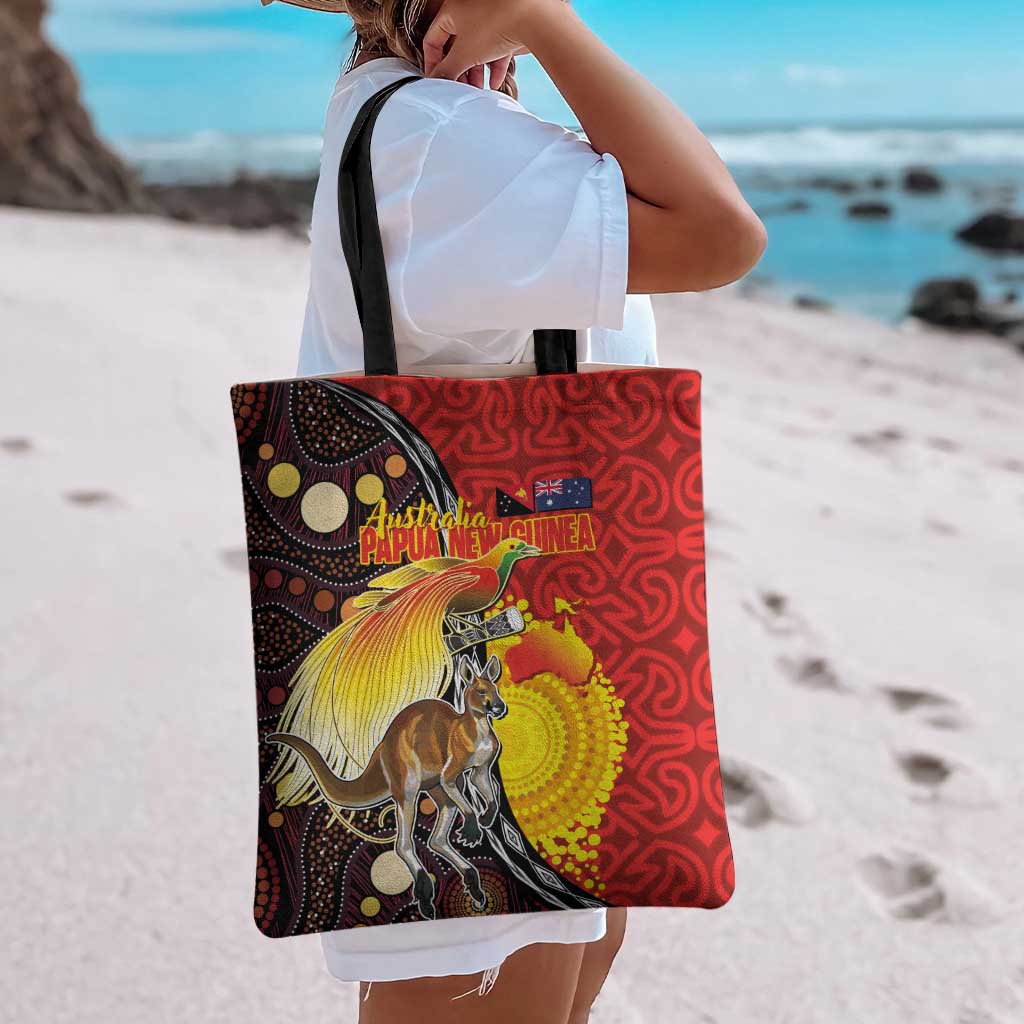 Australia and Papua New Guinea Together Tote Bag Bird-of-paradise and Kangaroo with Oro Tapa and Aboriginal Art Motifs - Polynesian Pride