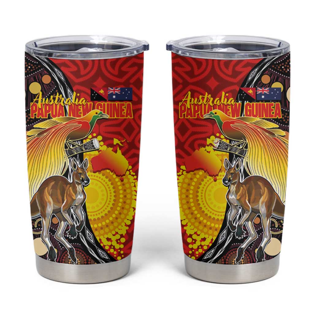Australia and Papua New Guinea Together Tumbler Cup Bird-of-paradise and Kangaroo with Oro Tapa and Aboriginal Art Motifs - Polynesian Pride