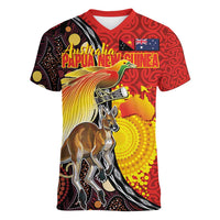 Australia and Papua New Guinea Together Women V-Neck T-Shirt Bird-of-paradise and Kangaroo with Oro Tapa and Aboriginal Art Motifs - Polynesian Pride