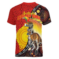 Australia and Papua New Guinea Together Women V-Neck T-Shirt Bird-of-paradise and Kangaroo with Oro Tapa and Aboriginal Art Motifs - Polynesian Pride