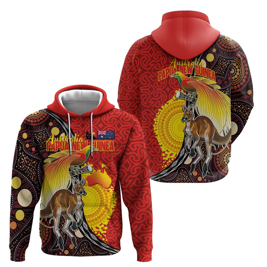 Australia and Papua New Guinea Together Zip Hoodie Bird-of-paradise and Kangaroo with Oro Tapa and Aboriginal Art Motifs - Polynesian Pride