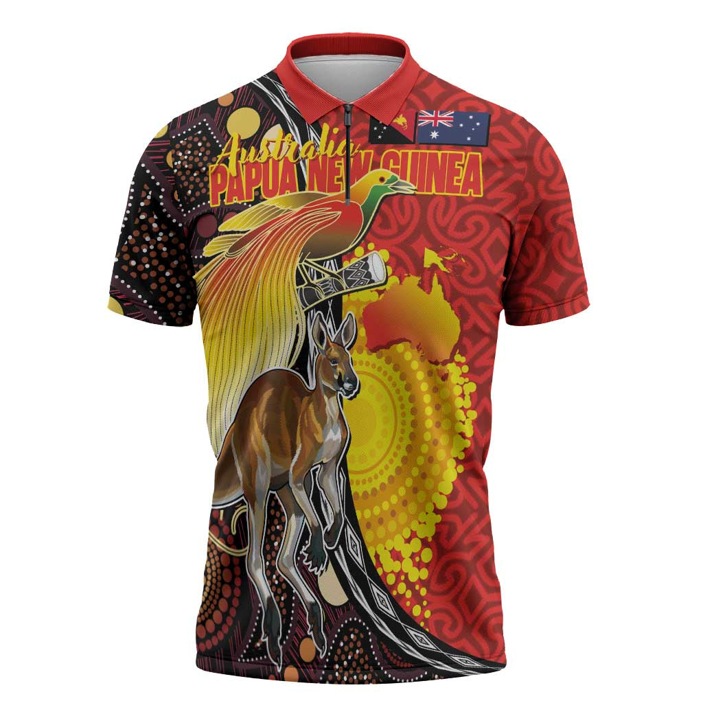 Australia and Papua New Guinea Together Zipper Polo Shirt Bird-of-paradise and Kangaroo with Oro Tapa and Aboriginal Art Motifs LT03 Black - Polynesian Pride