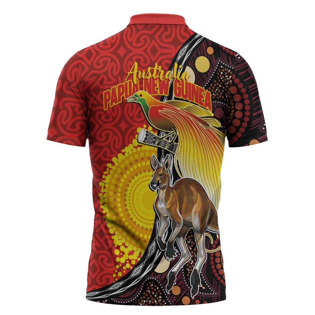 Australia and Papua New Guinea Together Zipper Polo Shirt Bird-of-paradise and Kangaroo with Oro Tapa and Aboriginal Art Motifs LT03 - Polynesian Pride