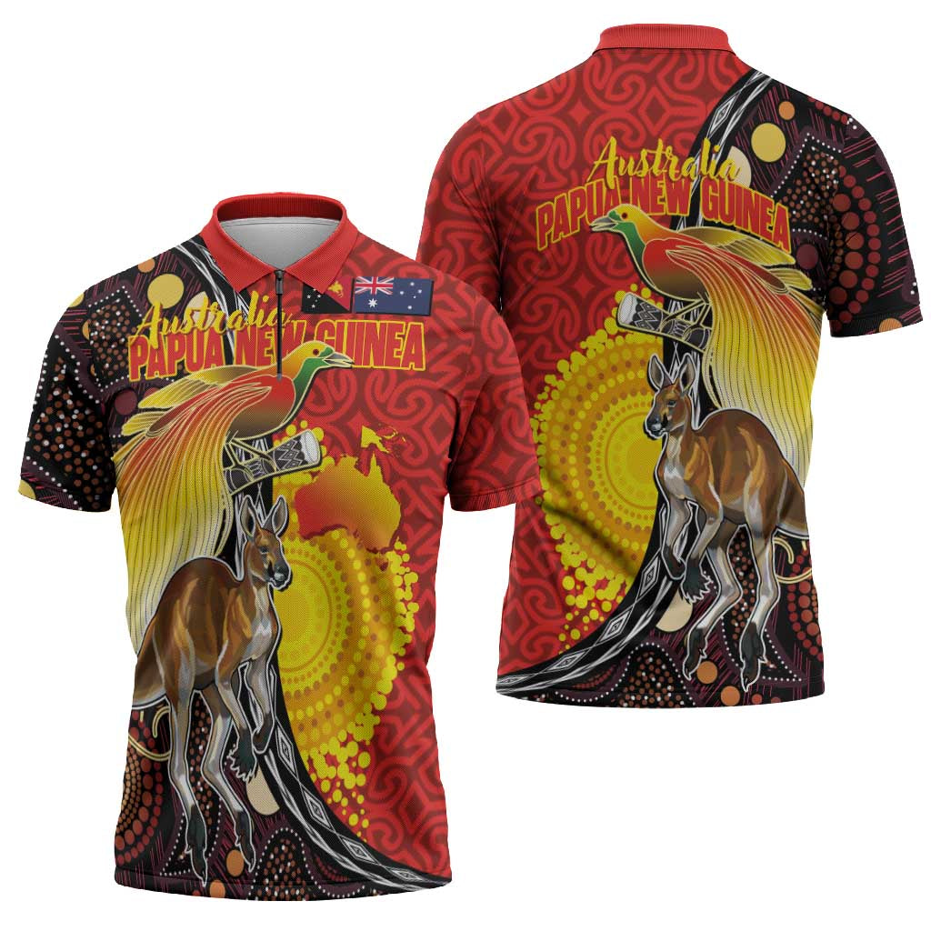 Australia and Papua New Guinea Together Zipper Polo Shirt Bird-of-paradise and Kangaroo with Oro Tapa and Aboriginal Art Motifs LT03 - Polynesian Pride