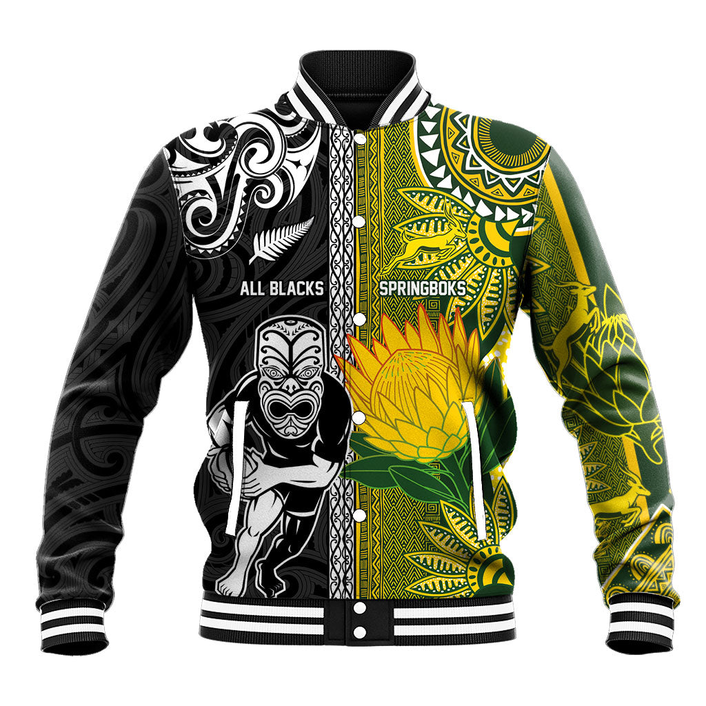 Custom Rugby New Zealand and South Africa Baseball Jacket Greatest Rivalry Silver Fern and Antelope