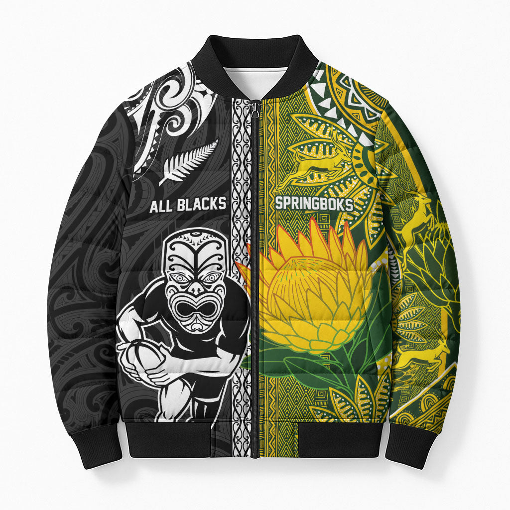 Custom Rugby New Zealand and South Africa Bomber Puffer Jacket Greatest Rivalry Silver Fern and Antelope
