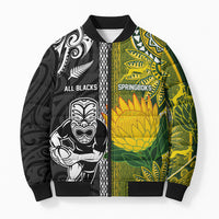 Custom Rugby New Zealand and South Africa Bomber Puffer Jacket Greatest Rivalry Silver Fern and Antelope