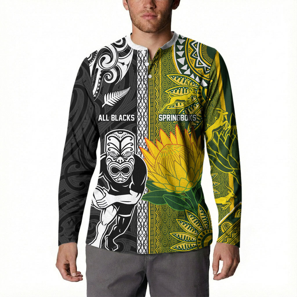 Custom Rugby New Zealand and South Africa Button Sweatshirt Greatest Rivalry Silver Fern and Antelope