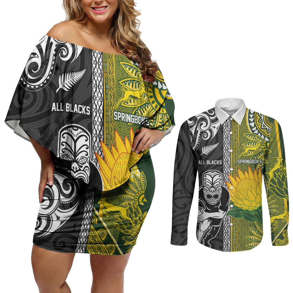 Custom Rugby New Zealand and South Africa Couples Matching Off Shoulder Short Dress and Long Sleeve Button Shirt Greatest Rivalry Silver Fern and Antelope