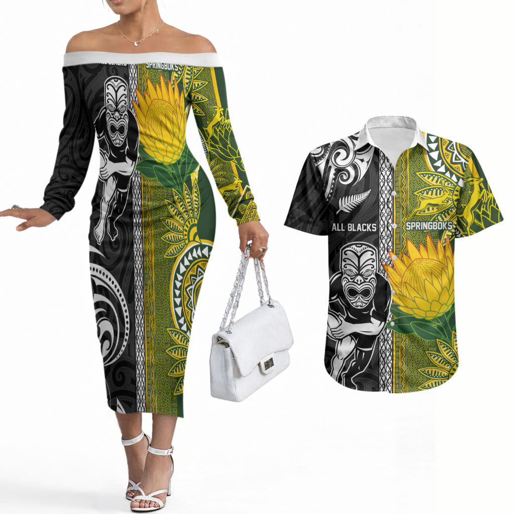 Custom Rugby New Zealand and South Africa Couples Matching Off The Shoulder Long Sleeve Dress and Hawaiian Shirt Greatest Rivalry Silver Fern and Antelope