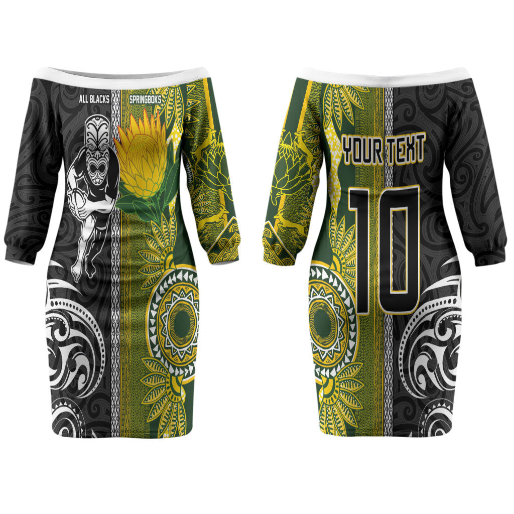 Custom Rugby New Zealand and South Africa Couples Matching Off The Shoulder Long Sleeve Dress and Long Sleeve Button Shirt Greatest Rivalry Silver Fern and Antelope