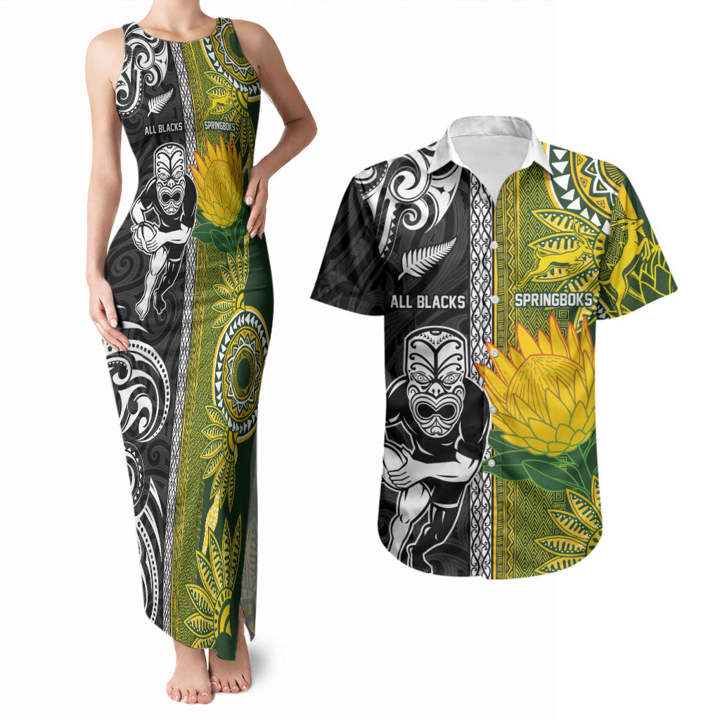 Custom Rugby New Zealand and South Africa Couples Matching Tank Maxi Dress and Hawaiian Shirt Greatest Rivalry Silver Fern and Antelope