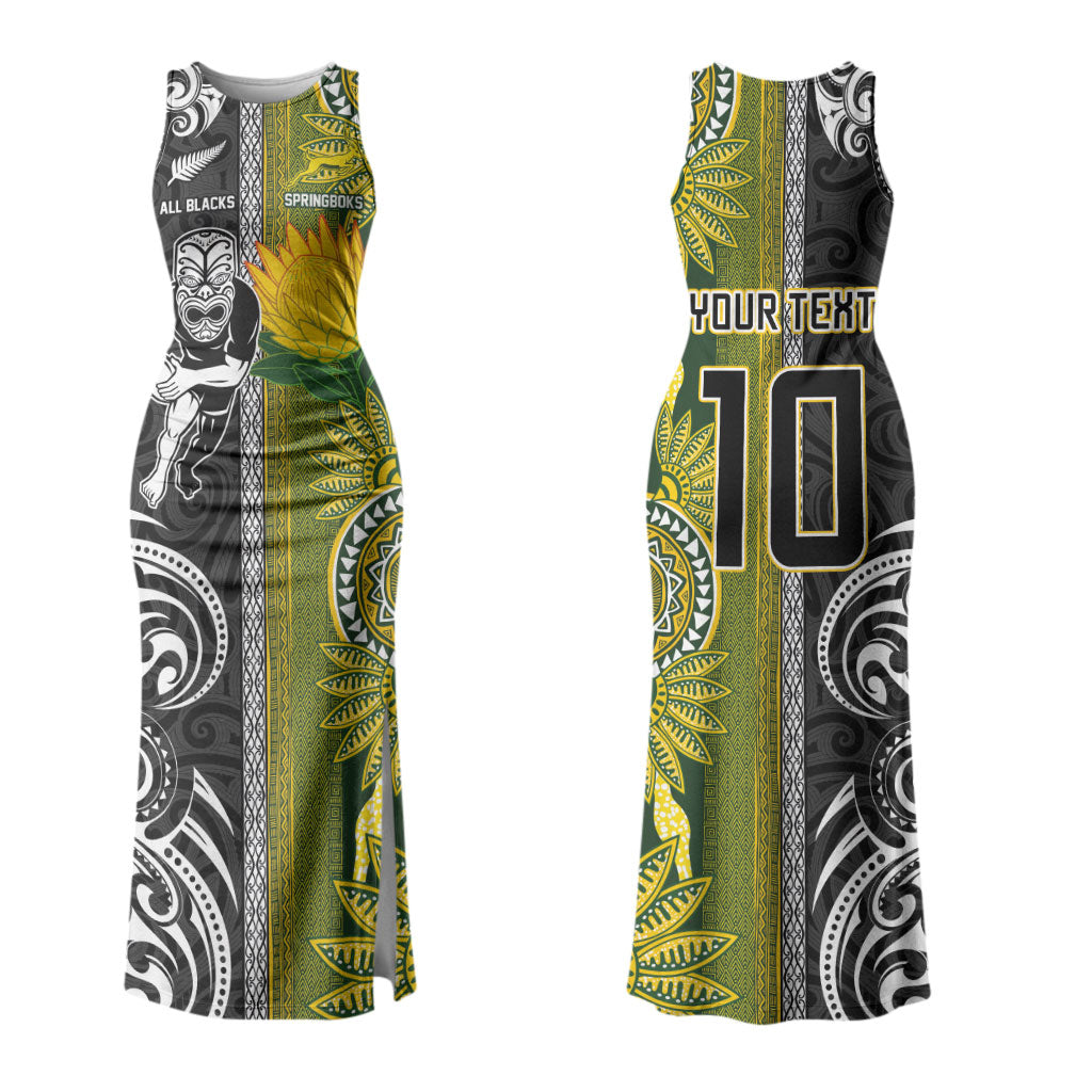 Custom Rugby New Zealand and South Africa Couples Matching Tank Maxi Dress and Long Sleeve Button Shirt Greatest Rivalry Silver Fern and Antelope
