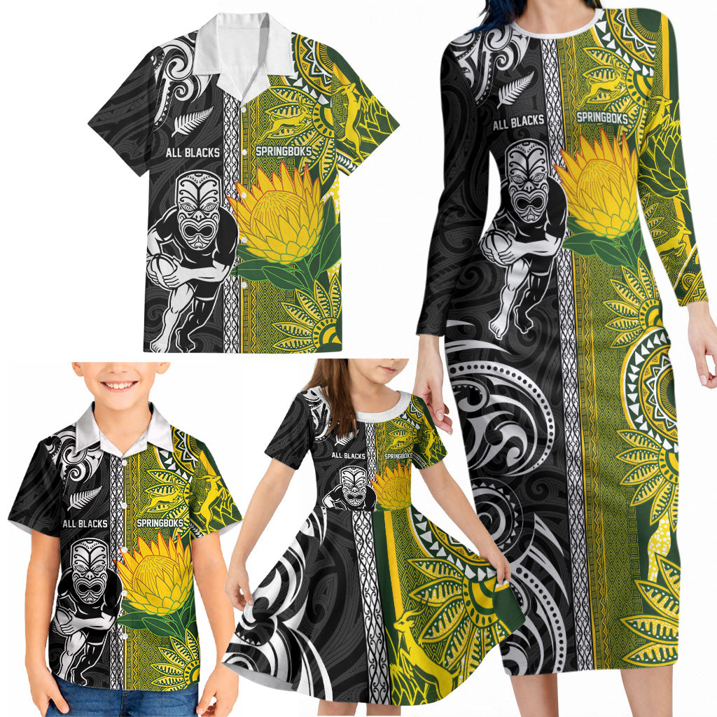 Custom Rugby New Zealand and South Africa Family Matching Long Sleeve Bodycon Dress and Hawaiian Shirt Greatest Rivalry Silver Fern and Antelope