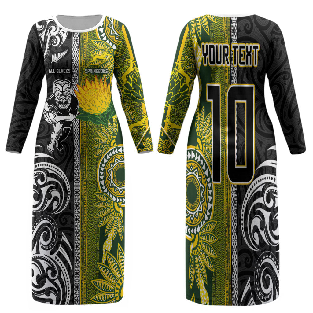 Custom Rugby New Zealand and South Africa Family Matching Long Sleeve Bodycon Dress and Hawaiian Shirt Greatest Rivalry Silver Fern and Antelope