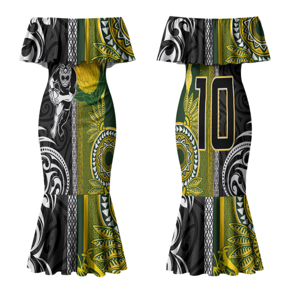 Custom Rugby New Zealand and South Africa Family Matching Mermaid Dress and Hawaiian Shirt Greatest Rivalry Silver Fern and Antelope