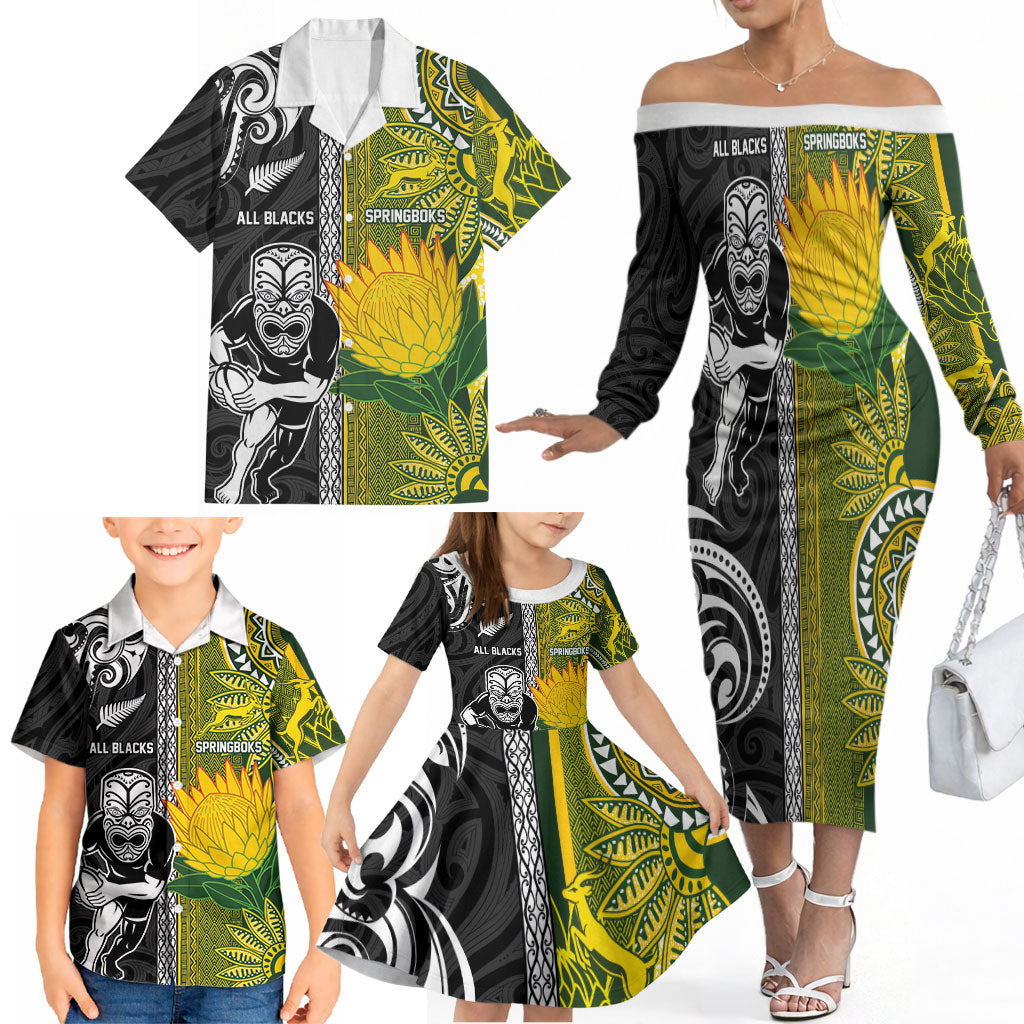 Custom Rugby New Zealand and South Africa Family Matching Off The Shoulder Long Sleeve Dress and Hawaiian Shirt Greatest Rivalry Silver Fern and Antelope