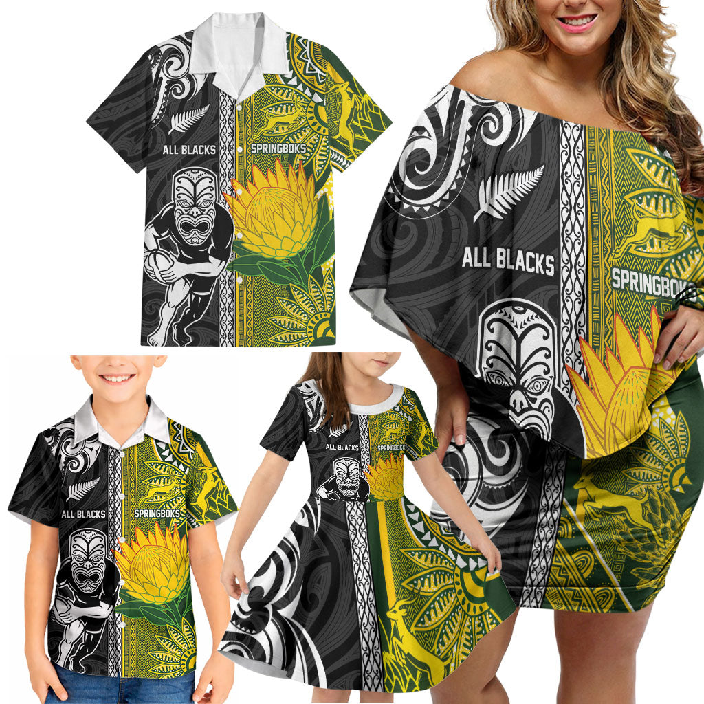 Custom Rugby New Zealand and South Africa Family Matching Off Shoulder Short Dress and Hawaiian Shirt Greatest Rivalry Silver Fern and Antelope