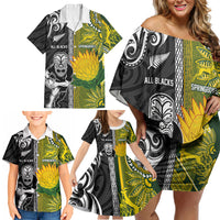 Custom Rugby New Zealand and South Africa Family Matching Off Shoulder Short Dress and Hawaiian Shirt Greatest Rivalry Silver Fern and Antelope