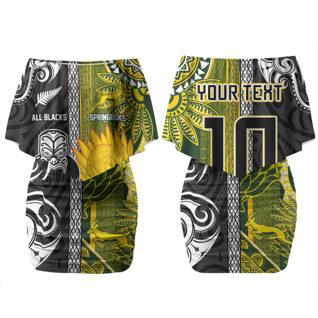 Custom Rugby New Zealand and South Africa Family Matching Off Shoulder Short Dress and Hawaiian Shirt Greatest Rivalry Silver Fern and Antelope