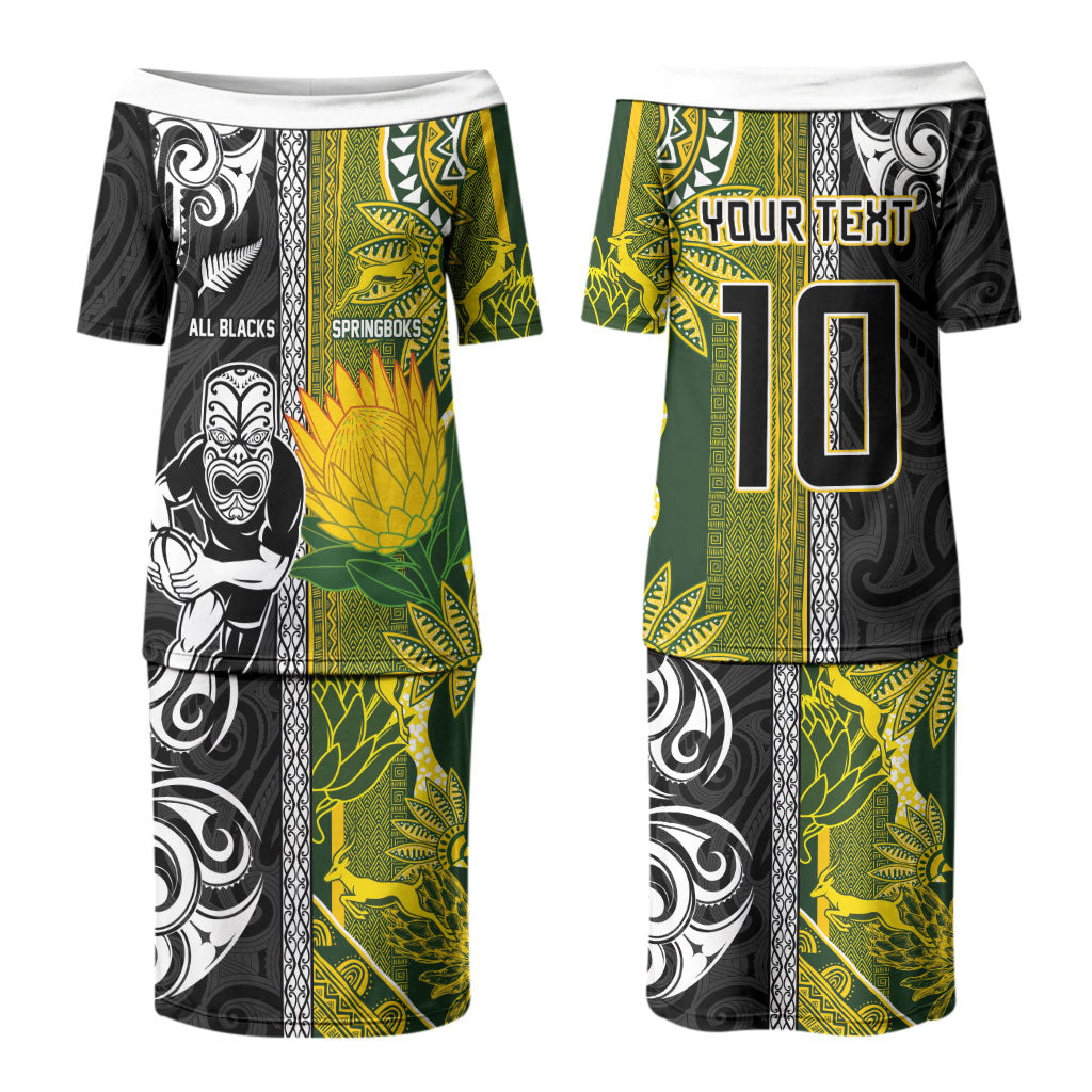 Custom Rugby New Zealand and South Africa Family Matching Puletasi and Hawaiian Shirt Greatest Rivalry Silver Fern and Antelope