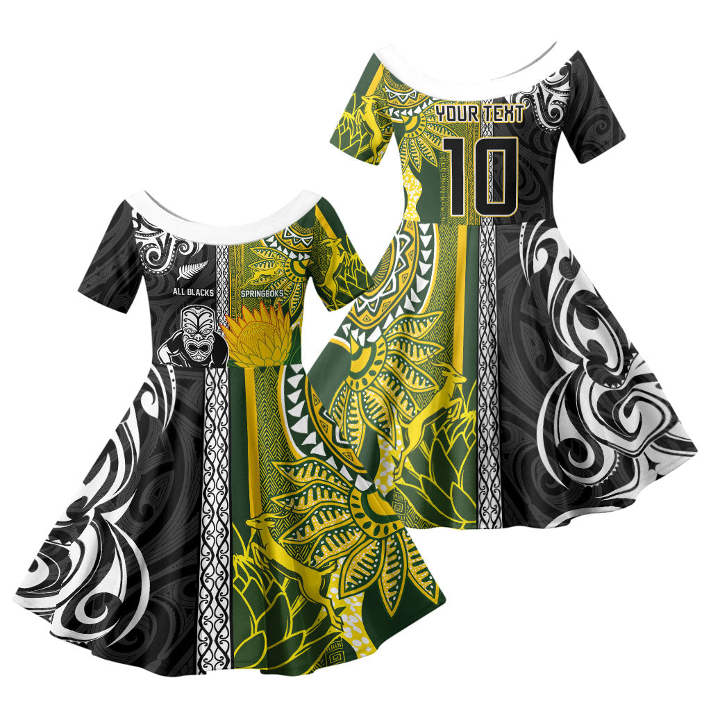 Custom Rugby New Zealand and South Africa Family Matching Puletasi and Hawaiian Shirt Greatest Rivalry Silver Fern and Antelope