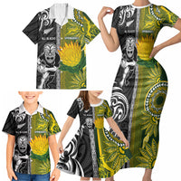 Custom Rugby New Zealand and South Africa Family Matching Short Sleeve Bodycon Dress and Hawaiian Shirt Greatest Rivalry Silver Fern and Antelope