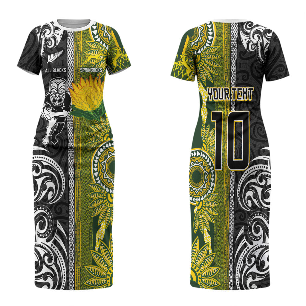 Custom Rugby New Zealand and South Africa Family Matching Short Sleeve Bodycon Dress and Hawaiian Shirt Greatest Rivalry Silver Fern and Antelope