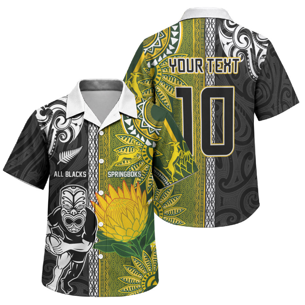 Custom Rugby New Zealand and South Africa Family Matching Short Sleeve Bodycon Dress and Hawaiian Shirt Greatest Rivalry Silver Fern and Antelope
