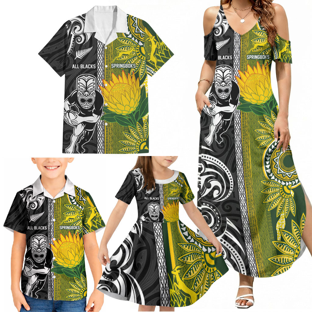 Custom Rugby New Zealand and South Africa Family Matching Summer Maxi Dress and Hawaiian Shirt Greatest Rivalry Silver Fern and Antelope