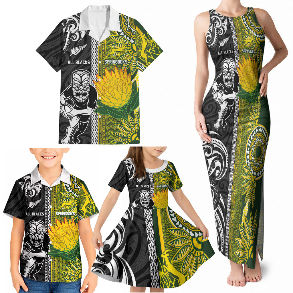 Custom Rugby New Zealand and South Africa Family Matching Tank Maxi Dress and Hawaiian Shirt Greatest Rivalry Silver Fern and Antelope